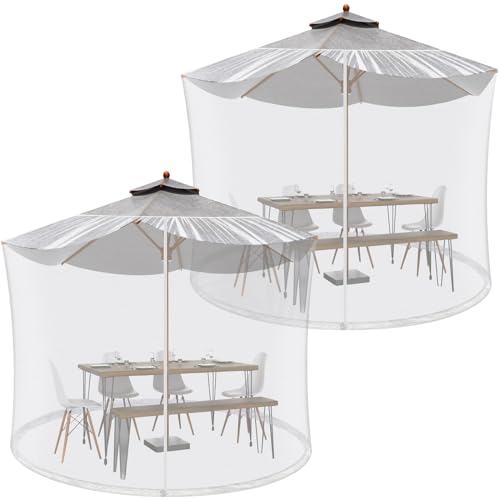 Windyun 2 Pcs 7 to 10 ft Patio Umbrella Mosquito Netting with Double Zipper Door, Screen Universal Hanging Mosquito Net for Patio Polyester Mesh Umbrella Screen for Outdoor and Patio Tables(White)