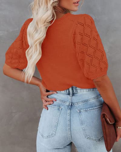Image of Womens Short Sleeve Sweaters Crewneck Knit Pullover Tops 2025 Summer Casual Lightweight Crochet Blouse Shirt