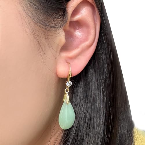 Teardrop Jade Earrings for Women 14K Gold Plated Handmade Green Teardrop Dangle Hook Earrings Vintage Drop Jade Jewelry for Gift4