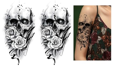 NAG007 x 2 - Tatuaggio temporaneo con teschio di rosa, 2 fogli