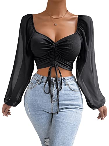GORGLITTER Damen Bauchfreies Oberteil Durchsichtig Ärmel Crop Top...