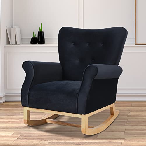 Image of WIILAYOK Nursery Rocking Chair, Velvet Glider Rocker with Solid Wood Base and High Backrest for Baby Nursery, Comfy Recliner Armchair Breastfeeding to Sleep