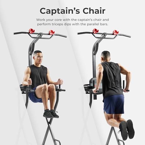 Sunny Health & Fitness Power Tower, Dip Bar, Push-Up & Pull Up Assisting Parallette Station w Optional Rock Climbing Grip Trainer