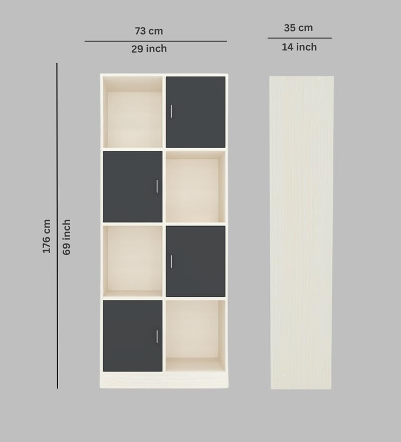Image of SPECIALITY PANELS 8 Cube Bookshelf with 4 Shutters, White and Grey Storage Organizer, 73x35x176 cm, Carpenter Assembly Provided