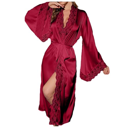 Celanisai Peignoir long en satin pour femme - Kimono japonais - Avec ceinture - Dentelle - Peignoir de mariée - Lingerie érotique - Tenue en satin de soie -...