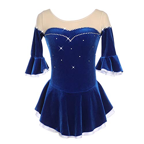 Figure Skating Dress Girls Blue Velvet Women Ice Skating Dress Competition Performance Long Sleeve