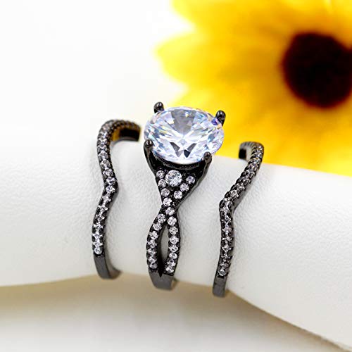 Uloveido Black Plated Big White CZ Infinity Bridal Rings Set 3pcs Stack Wedding Band Infinity Rings for Women Y11304
