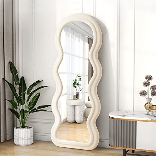 Miroir pleine longueur 160 x 60 cm, miroir ondulé irrégulier, miroir mural à suspendre ou à poser contre le mur pour chambre à coucher, miroir enveloppé de flanelle avec cadre blanc