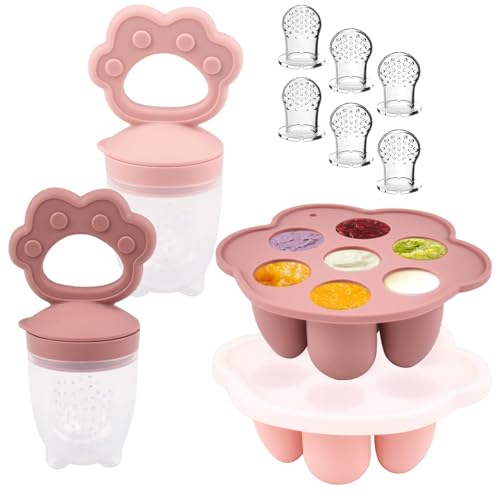 Image of Ginbear Silicone Baby Fruit Food Feeder & Freezer Tray (Set of 2), Infant Teething Feeder Pacifiers with Popsicle Molds Combo 4 Months+ (Mauve/Baby Pink)