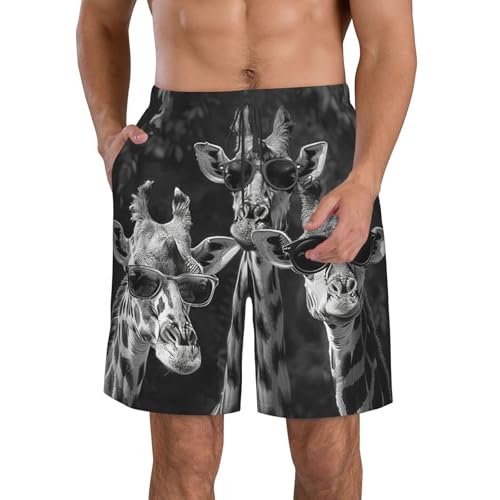 Men's Quick Dry Swim Shorts Cute Giraffes Wearing Sunglasses Black Funny Beach Trunks with Pockets