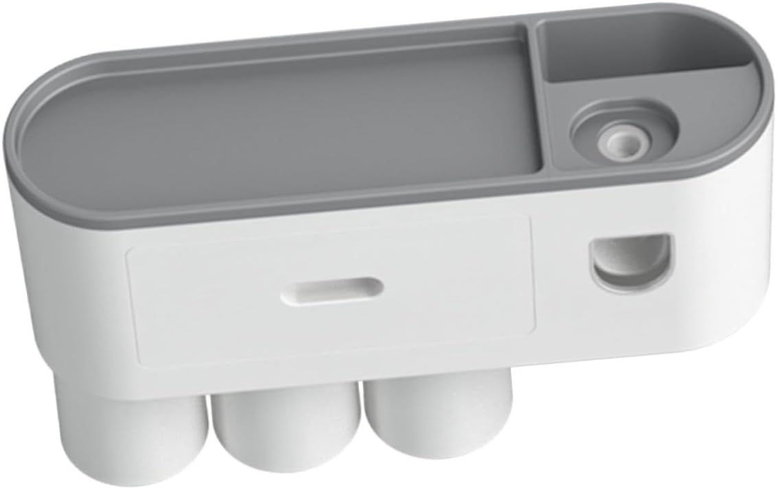 Wall Mounted Toothpaste Dispenser and Toothbrush Holder Automatic Squeeze Function Multiple Storage Compartments Hygienic Bathroom Accessory for Home Use Space-Saving Gray Rack