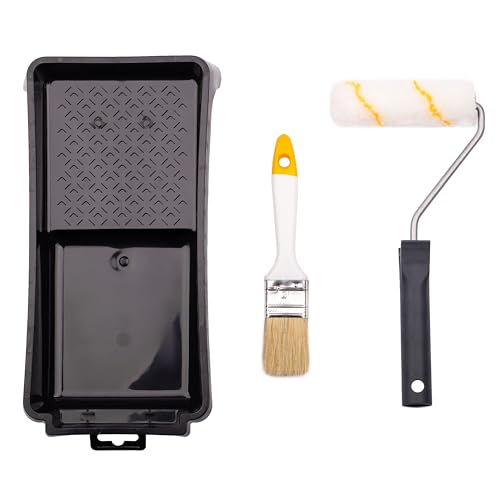 MIVOS Kit de peinture pratique 4 pièces - Rouleau à peinture 10cm - Pinceau pour émulsion - Bac à peinture 28x16cm - Etrier de fixation 27cm - Kit de...