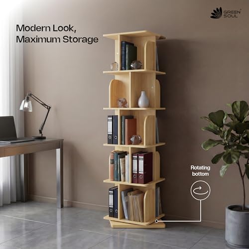 Image of Green Soul BookNest 5 Shelves Engineered Wood Rotating Book Shelf | Multipurpose Wooden Bookshelf for Home, Bedroom, Living Room, Study Room, Kids Room | Storage | 3 Year Warranty (Oak)