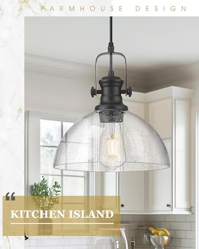 Image of 2-Pack Black Pendant Lights Kitchen Island, 10.5 inch Farmhouse Pendant Lighting with Clear Seeded Glass Shade, Vintage Hanging Light Fixtures for Dining Room, AD-22151-1P2L-BK
