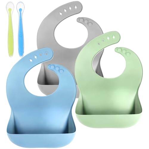 Image of Silicone Baby Bibs Baby Feeding Set Baby Spoons Silicone Bibs for Baby Girl Boy Adjustable Baby Essentials