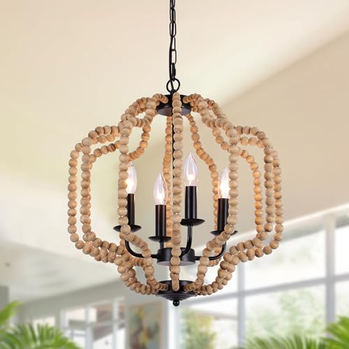 17.7' Boho Wood Beaded Chandelier, Farmhouse Rustic Ceiling Light Fixture with Adjustable Chain...