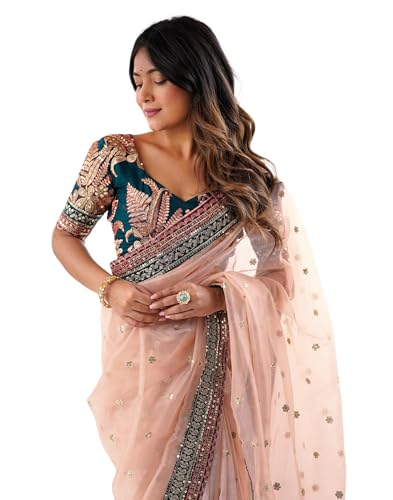 Image of SIRIL Women's Net Sequence Embroidered Saree With Unstitched Blouse