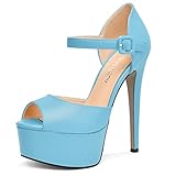 SKYSTERRY Women's Dress 6 Inch High Heel Stiletto Platform Peep Toe Buckle Ankle Strap Matte Evening Pumps Shoes Light Blue Size 7 - Zapatos de Tacon Alto para Mujer
