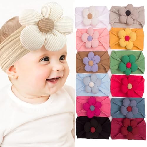 Image of BAKEFY - 6 Kids Soft Elastic Hairband Large Flower Baby Headband Infant Hair Accessories Baby Headband Turban Knotted Hair Band For Girls For Newborn, Multicolor
