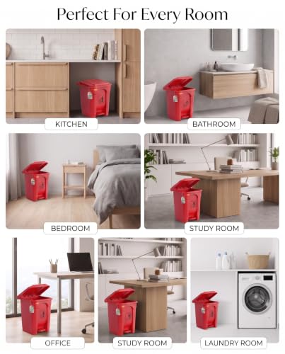 Image of pedal dustbin with lid, heavy duty plastic garbage bin, hands-free step-on waste bin for kitchen, office, home, hotel, bathroom & outdoor use (Mystic Red, 35 Liters)