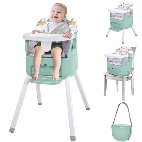 4 in 1 portable baby high chairconvertible highchair for babies and toddlers-foldable infant booster seatcarry small boxdining chairtoddler high chair with 5-point harnessremovable tray-green