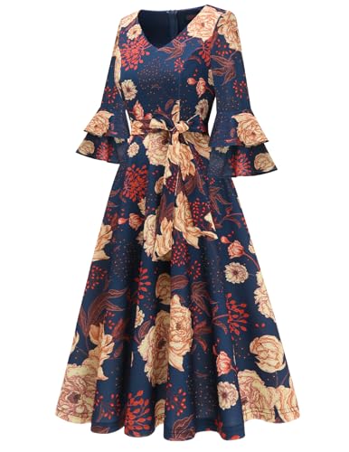 Image of DRESSTELLS Women's Cocktail Dress Summer Wedding Guest Party Vintage 3 /4 Bell Sleeve V Neck A-Line Dress