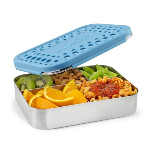 Image of LunchBots Large Cinco Stainless Steel Lunch Container - Five Section Design Holds a Variety of Foods - Metal Bento Box for Kids or Adults - Dishwasher Safe - Stainless Lid - Aqua Dots
