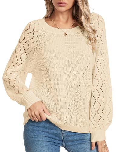 Image of Libsorge Womens Cute Crochet Knit Hollow Out Sweater Fall 2024 Lightweight Ribbed Crewneck Long Sleeve Pullover Top