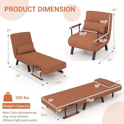 LDAILY Convertible Sofa Chair Bed, 5 Adjustable Position Folding Sleeper Chair, Single Folding Arm Chair w/Pillow, Backrest, Upholstered Seat, Lazy Sofa, Leisure Recliner for Home Office (Brown)