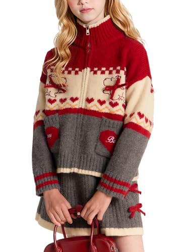 Image of Girls Christmas Outfit Skirt Set,Zip Cardigan Sweater with Skirt 2 Piece Outfit, Fall Clothes for Girls 6-16Y