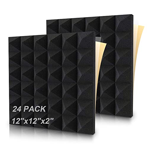 Sound Proof Foam Panels, 24 Pack 2"x12"x12" Acoustic Foam Panels with High Density, Self-adhesive sound proofing padding for wall, Sound Foam Panels for Recording Studio, Room and Office, Black