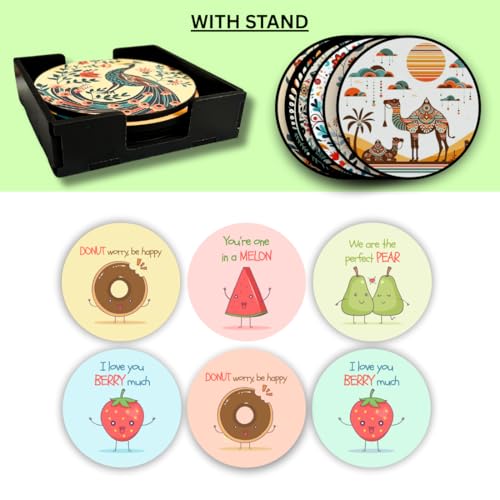 Image of Zesta Coasters for Cups Set of 6 / Wooden Coasters for Bar Accessories for Home /Tea Coaster Set of 6 / Waterproof Dining Table Decor Glass Cover (Fruits, Circle)