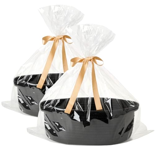 Image of 2 Pack Small Woven Gift Basket Empty with Bag & Ribbon - Gifts for Mom, Baby Shower, Birthdays & Raffle - Cotton Rope Storage Basket for Dog Toys or Shelf - 12 inchx8 inchx5 inch, Black