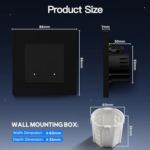 BSEED Wlan Lichtschalter Unterputz mit PC Rahmen, 2 Fach 2 Wege, Smart Taster Schalter kompatibel mit Alexa/Google Home, Intelligente Wandschalter arbeitet mit Smart Life/Tuya, Schwarz-2 Pack