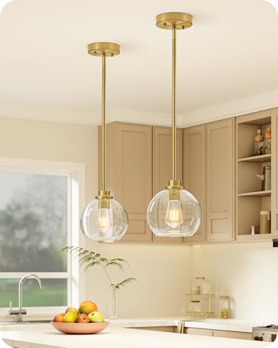 EDISHINE Pendant Light Fixtures 2 Pack with Clear Glass Globe Shade, Gold Kitchen Hanging Lighting...