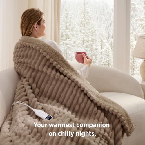 Image of Bedsure Thick Heated Blanket Electric Throw, Fast Heating, Brown 50 inchx60 inch