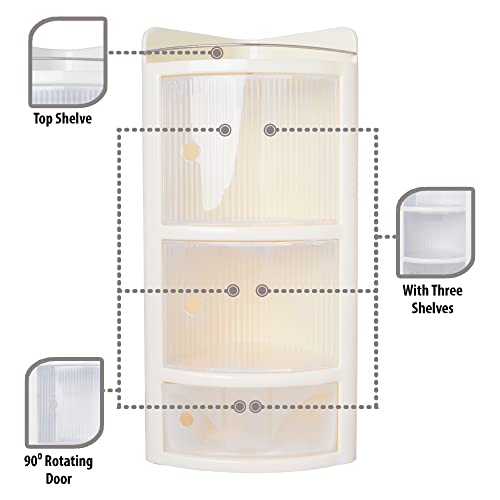 Image of GRACIO Jumbo Delux 3 Tier Bathroom Corner Shelf, Wall Mounted Storage Shelf with 3 Translucent Doors, Premium Plastic Cabinet for Kitchen, Bathroom, Living Room, Office, Stylish Corner (Ivory)