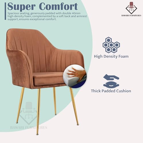 Image of Accent Chair for Living Room| Soft Velvet Fabric Armchair with Multi Colour Leg Options | Modern Chair with Thick Cushion for Home Office restaurent and cafes| 1pc (Golden Legs, Light Brown)