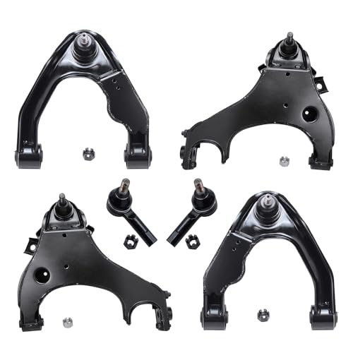 Image of Detroit Axle - 6pc Front Control Arms Tie Rods for 2000-2004 Nissan Frontier Xterra, 4 Upper and Lower Control Arms 2 Outer Tie Rod Ends 2001 2002 2003 Replacement