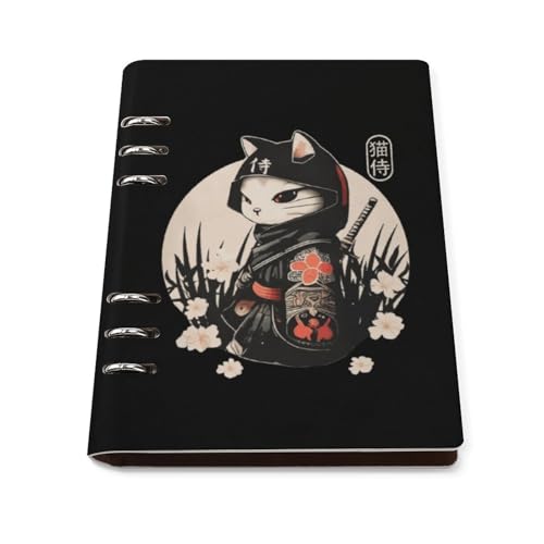 システム手帳 和柄 和風 侍猫 武士猫 ノート リングノートメモ帳 ノートブック A5サイズ手帳 バインダーリング 日記 ライティング ハンドブック PUレザー 6穴 ルーズリーフ 人気 90枚収容 差し替え可 贈り物