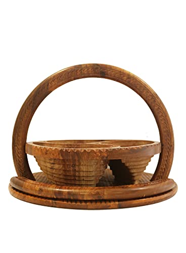 Wooden Collapsible Fruit Basket (12"X12"X12") | Hand Made Wood Basket With Circular Trivet/Holder |Hand Made Wooden Basket For Kitchen Counter | Multipurpose Good Capacity Basket(3 Compartment Basket) #TOP4