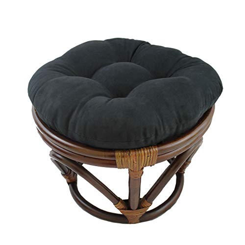 MISC 18 Inch Black Papasan Foot Stool Coastal Rattan Ottoman Round Microsuede Bohemian Frame with Padded Cushion Tufted Thick Pad