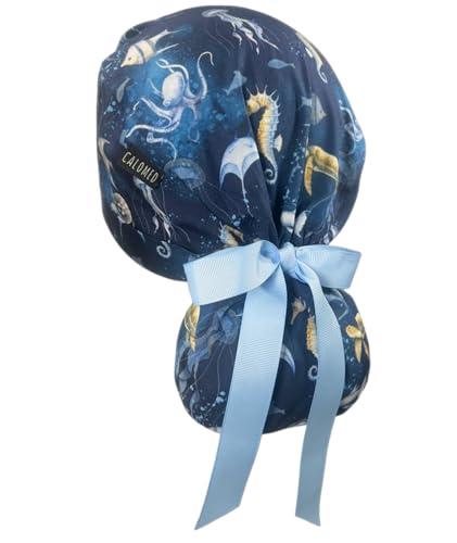 Image of Scrub Cap for Women and Men, Ponytail Scrub Caps, Working Hat, Head Cover with Ribbon Ties and Buttons, Long Hair