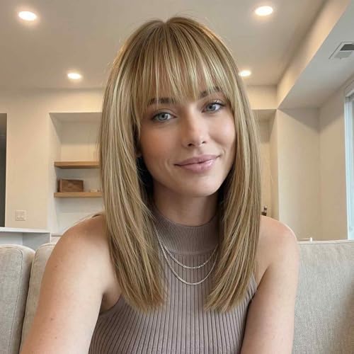 Image of 16 Inch Brown Mixed Blonde Human Hair Wig, Human Hair Wig With Bangs, Real Hair Wigs For Women, real human hair wigs