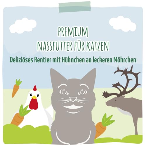 MjAMjAM - Premium Nassfutter für Katzen - Quetschie - deliziöses Rentier mit Hühnchen an leckeren Möhrchen, 12er Pack (12 x 125 g), getreidefrei mit extra viel Fleisch