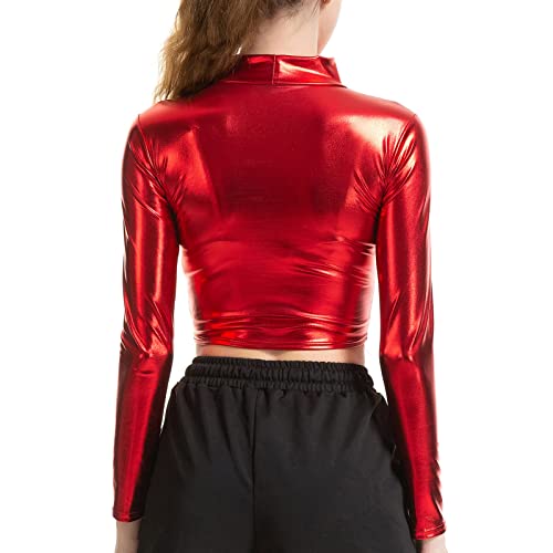 Dames metallic glanzende, crop top met lange mouwen.Dames effen glanzende, crop top, mock hals T-shirt. Club paaldans… - Afbeelding 6