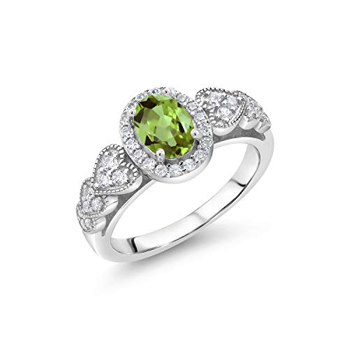 Gem Stone King Halo Engagement Ring for Women | 925 Sterling Silver | Gemstone Birthstone | Oval 7X5MM with White Accent Stones | Fine Wedding Anniversary Promise Ring | Sizes 5, 6, 7, 8, 9