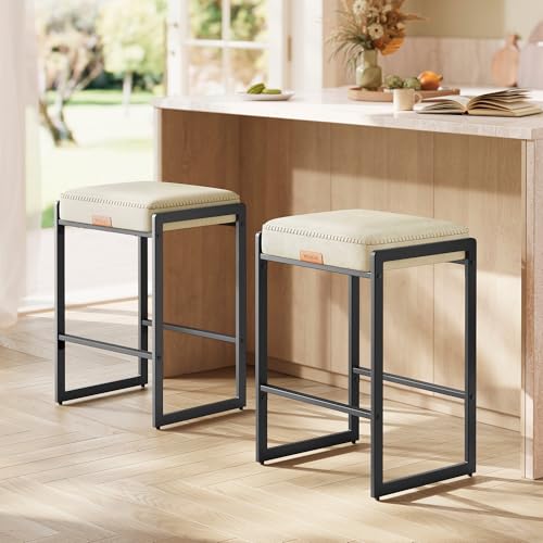 Image of VASAGLE EKHO Collection - Bar Stools Set of 2, Counter Height Bar Stools, Synthetic Leather with Stitching, Mid-Century Moderns, 26-Inch Tall, Kichen Home Bar Dining Room, Cream White ULBC086W01S