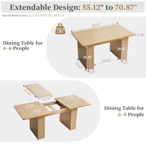 Image of 55 in-71 in Extendable Rectangular Dining Table for 4-6, Modern Farmhouse Expandable Kitchen Table with Carved Line Base, Wooden Dinner Table for Kitchen Living Room Home Office (Natural)