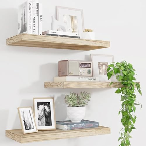 SPRIGLY Premium Floating Shelves Set of 3(41 cm) Paulownia Wood Wall Shelves with Invisible Brackets Wood Finish for Bathroom Living Room Bedroom Kitchen & Office(Light Brown)